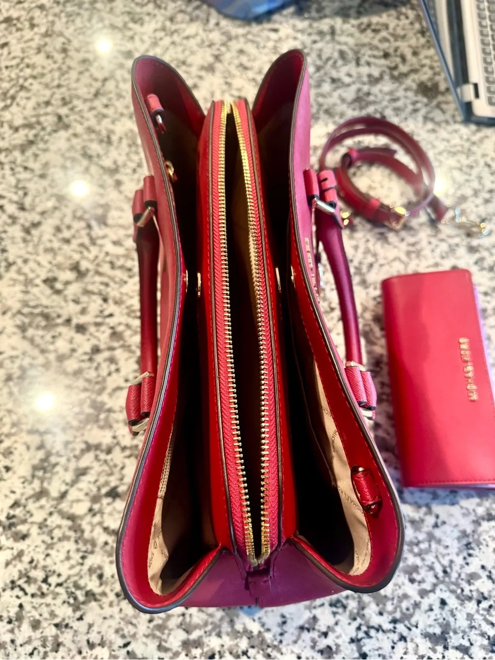 Michael Kors Red Saffiano Leather Satchel with Matching Wallet